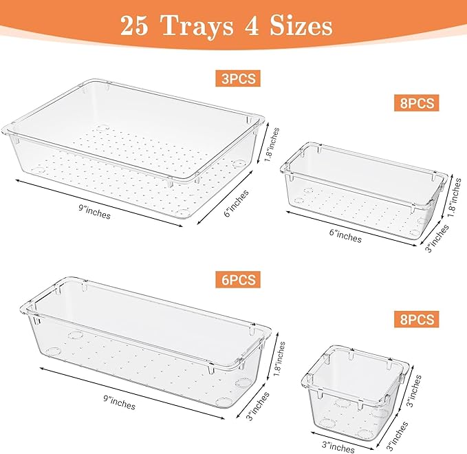 25 PCS Plastic Drawer Organizer Set, 4-Size Versatile Organizer Trays & storage Bins for Makeup, Jewelry, and Gadgets in Bathroom, Bedroom and Office,Clear White-NeatNest