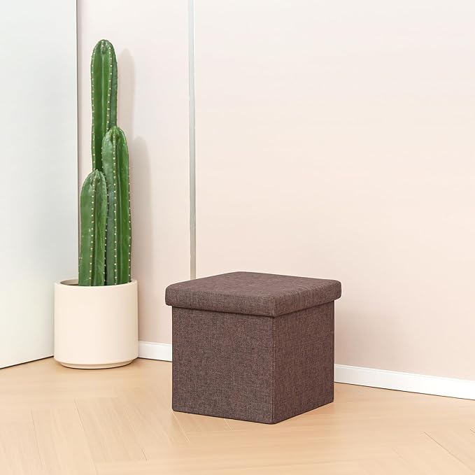 B FSOBEIIALEO Storage Ottoman Cube, Linen Small Foot Seat, for Living Room, Bedroom, Home Office, Dorm Storage Footrest Brown 11.8"x11.8"x11.8"