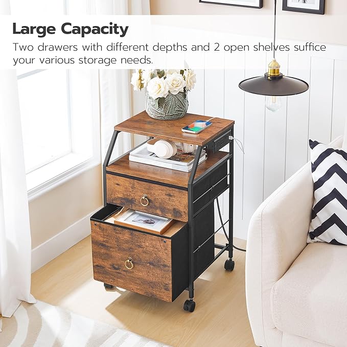 HOOBRO 2-Drawer Mobile File Cabinet, Filing Cabinet with Charging Station, Printer Stand with Open Storage Shelf, for A4/Letter Size, Home Office, Nonwovens Drawer, Rustic Brown and Black BF10UWJ01