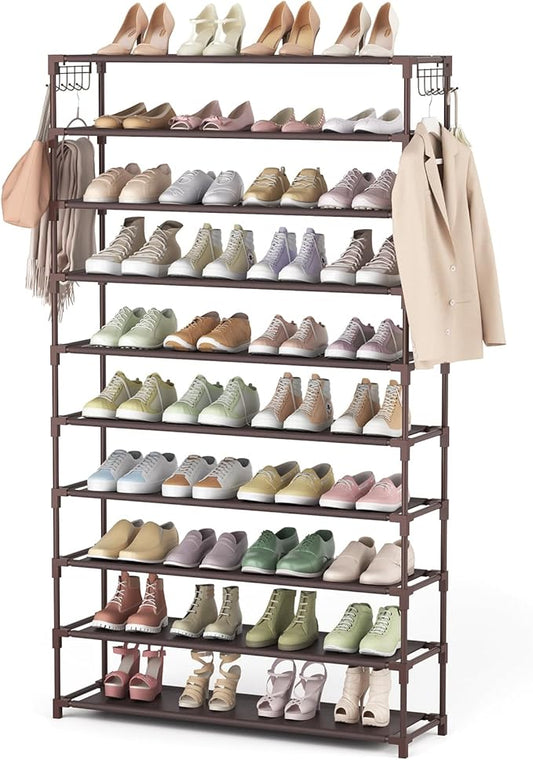 10 Tiers Shoe Rack 50 Pairs Large Capacity Tall Shoe Organizer Sturdy Shoe Storage with Two Hooks Space Saving Metal Wide Shoe Rack for Closet, Entryway, Bedroom, Brown-NeatNest