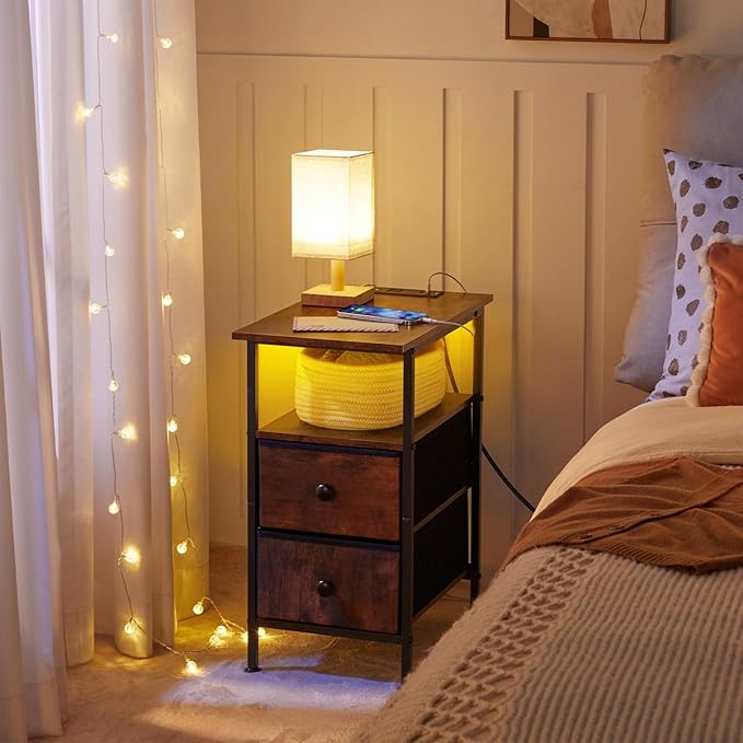 HOOBRO Narrow Side Table Set 2 with LED Light and USB C Port, Night Stand with Charging Station, Skinny End Table with 2 Fabric Drawers, for Bedroom, Living Room, Rustic Brown and Black BF486UDBZP201