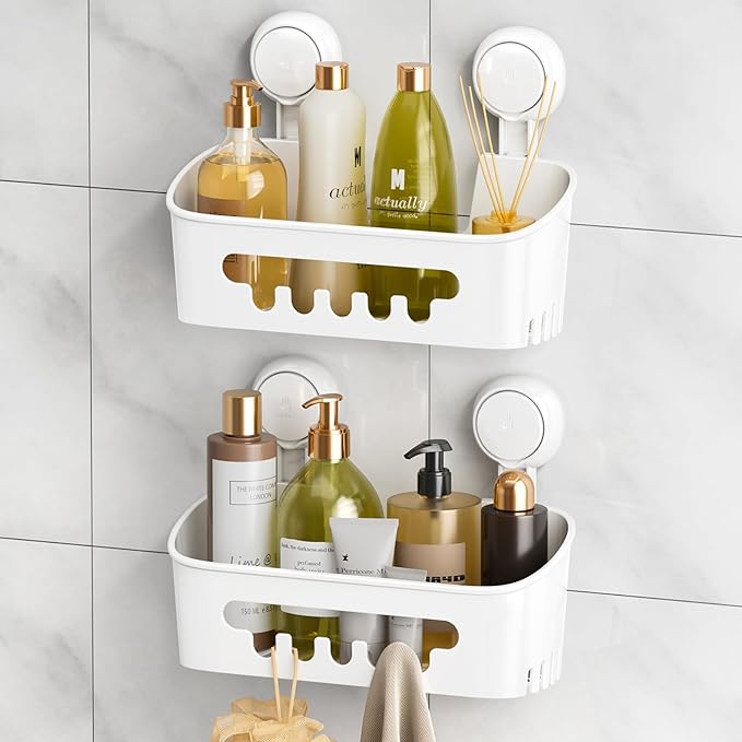 LEVERLOC Shower Caddy Suction Cup 2 Pack, Shower Organizer Removable Bathroom Shelf, Storage Suction Powerful Max Hold 22lbs Bathroom Caddy Waterproof Holder, White-NeatNest