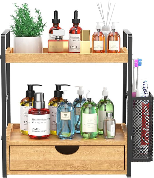LEMIKKLE 2-Tier Bathroom Organizer with Drawers and Baskets, Multi-Purpose Makeup Organizer Countertop, Large Skincare Organizers, Exquisite Vanity Organizer,Wood-NeatNest