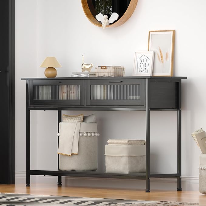 Aetheris 47" Console Table with 2 Drawers, 2 Tier Sofa Table with Storage,Entryway Table, Industrial Console Table for Entryway, Sofa Table Behind Couch for Living Room, Black-NeatNest