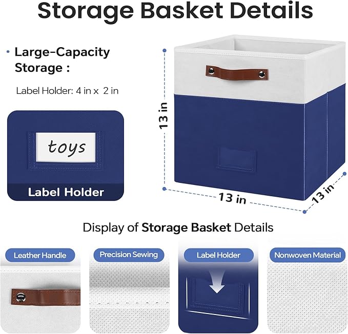 6-Pack Collapsible Fabric Storage Cubes with Handles & Label Holders, Closet Cube Home Organizer Bins (White/Navy Blue, 13 x 13 x 13 inch)