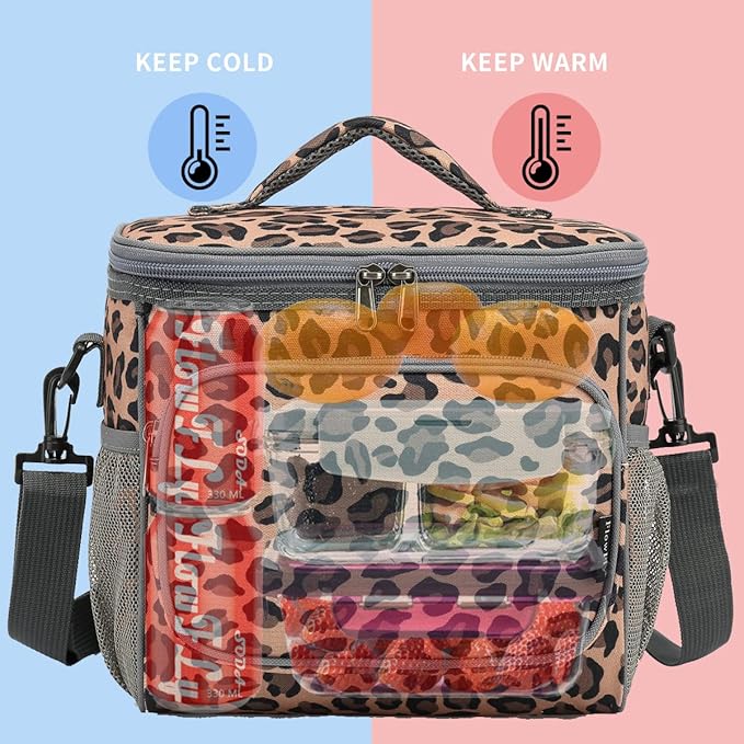 FlowFly Insulated Reusable Lunch Bag Adult Large Lunch Box for Women and Men with Adjustable Shoulder Strap,Front Zipper Pocket and Dual Large Mesh Side Pockets,Leopard-NeatNest