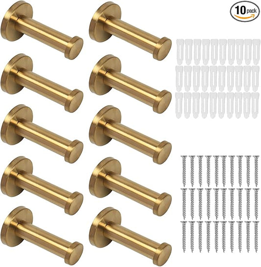 Bath Towel Hooks, 10 Pack Round Coat Hooks, Sturdy Wall Mounted Robe Hook, SUS 304 Stainless Steel Heavy Duty Clothes Hanger, Wall Towel Hooks for Bathroom Bedroom Kitchen(3 in, Gold)