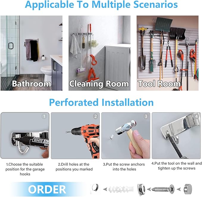 Piyl Broom Mop Holder Wall Mount Broom Hanger Wall Mounted Metal Organization Garage Storage Garden Kitchen Tool Organizer With 4 Racks and 5 Hooks (Silver, 1 Pack 4R5H)-NeatNest