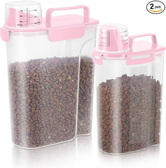 Dog Food Storage Container, Upgraded Large Nozzle BPA-free, 8-12 LBS Plastic Pet Food Storage Containers, With 4 Sealed Clasps, 1 Measuring Cup and Handle (2, Light Pink (3L+5L), (3L+5L))-NeatNest