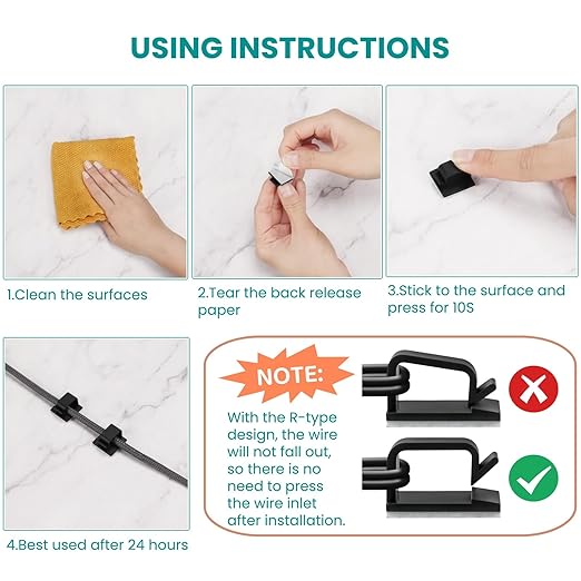 63pcs Black Cable Management,Adhesive Cable Clips,Cord Organizer ID 0.49"x 0.31",Cord Clips for Wires on Wall,Under Desk,Nightstand,PC,TV,Outdoor Lights Strip,Plant Clips for Climbing Plants-NeatNest