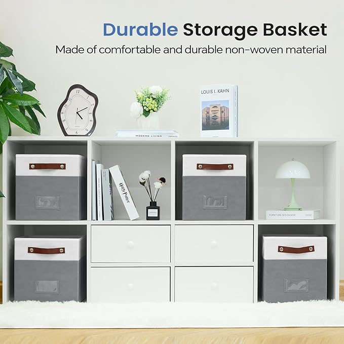 6-Pack Collapsible Fabric Storage Cubes with Handles & Label Holders, Closet Cube Home Organizer Bins (White/Dark Grey, 10.5*10.5*11 inch)