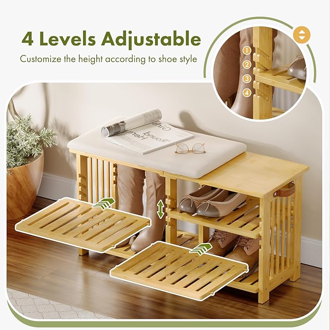 Amazer Bamboo Shoe Rack Bench, 3-Tier Shoe Bench Height Adjustable, Entry Bench with Side Storage Strap, Shoes Organizer Storage Bench, Shoe Shelf with Seat Cushion for Entryway, Living Room, Hallway-NeatNest