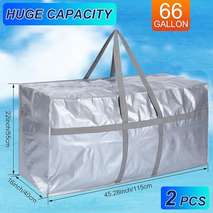 2 Pcs 66 Gallon Extra Large Moving Bags Storage Bags with Zipper and Handles Heavy Duty Duffle Bag Foldable Tote Bag for College Dorm Travel Clothes Blankets Bedding Moving(Silvery)