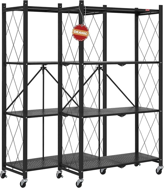DEANIC 4 Tier Foldable Storage Shelves with Wheels, Large Capacity Shelving Unit, Freestanding Metal Wire Shelf Rack, No Assembly Organizer Rack for Garage Kitchen, Basement, Pantry(Black Pack of 2)-NeatNest