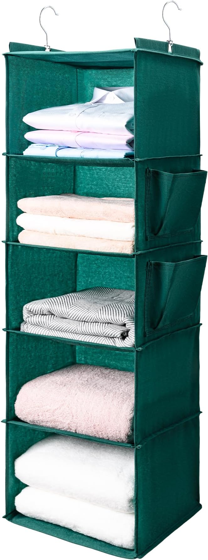 BOOMIBOO Hanging Closet Organize and Shelves，5-Hanging Shelf with 2 Side Pockets，Storage Foldable （Green）-NeatNest