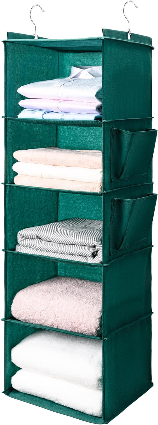 BOOMIBOO Hanging Closet Organize and Shelves，5-Hanging Shelf with 2 Side Pockets，Storage Foldable （Green）-NeatNest