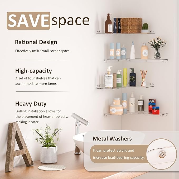 11.4x16 Inch Acrylic Corner Floating Shelf Set of 4, Clear Corner Wall Shelf for Home Décor, Speakers, Security Cameras, Toileries, Plants, Figures, Cosmetics, Books