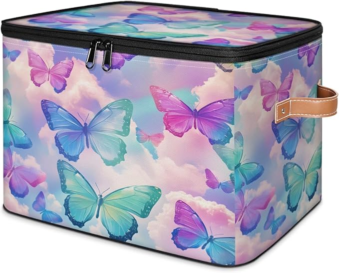 Colorful Butterfly Storage Bins with Zipper Lid, Watercolor Animals Lidded Storage Baskets Boxes Foldable Organizer with Leather Handles for Clothes Closet Shelf Toys-NeatNest
