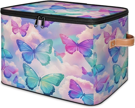Colorful Butterfly Storage Bins with Zipper Lid, Watercolor Animals Lidded Storage Baskets Boxes Foldable Organizer with Leather Handles for Clothes Closet Shelf Toys-NeatNest