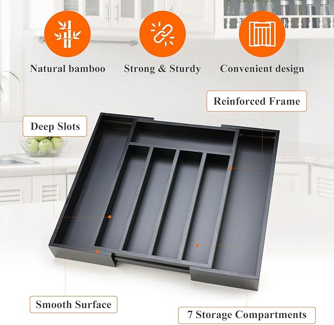 Expandable Bamboo Kitchen Drawer Organizer Utensil Tray Black Wood Silverware Organizer Adjustable Wooden Cutlery Tray for Fork Spoon Organizer Large Cooking Utensil Holder Drawer Flatware Organizer-NeatNest