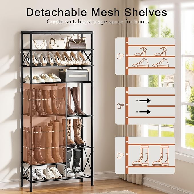 10-Tier Shoe Rack, Shoe Storage Organizer with Boots Storage, Large Capacity Shoe Shelf Holds 27-30 Pairs of Shoes, Durable and Stable, for Entryway, Closet, Hallway, Dorm Room, Black-NeatNest