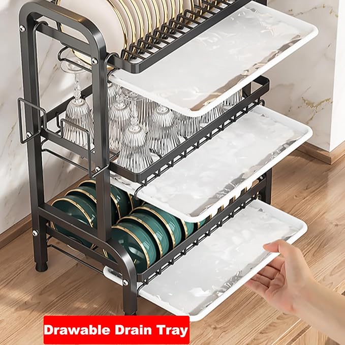 Dish Drying Rack,Dish Racks Drainer,Over The Sink Dish Drainer Drying Rack 3 Tier with Drain Tray,Chopsticks Rack,Knife Holder