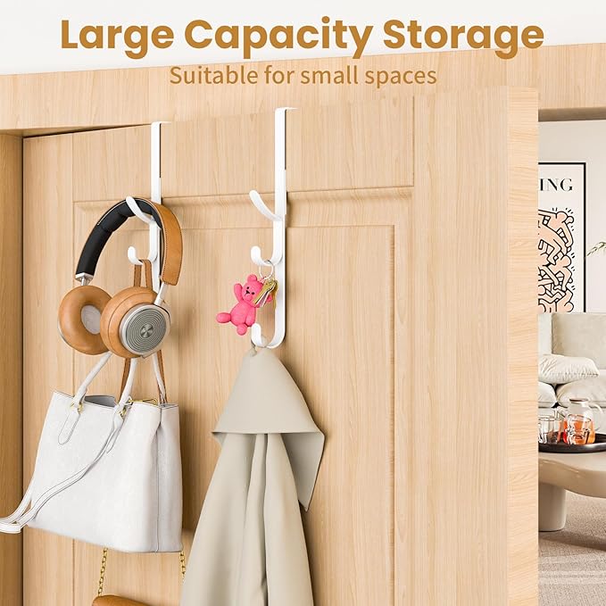 Over the Door Hooks hanger,over the door towel hook Organizer hanging for coat clothes backpack hat purse Metal Towel Rack Back of Shower for Bathroom,Dorm,Bedroom,Kitchen,Office Closet (White-2Packs)