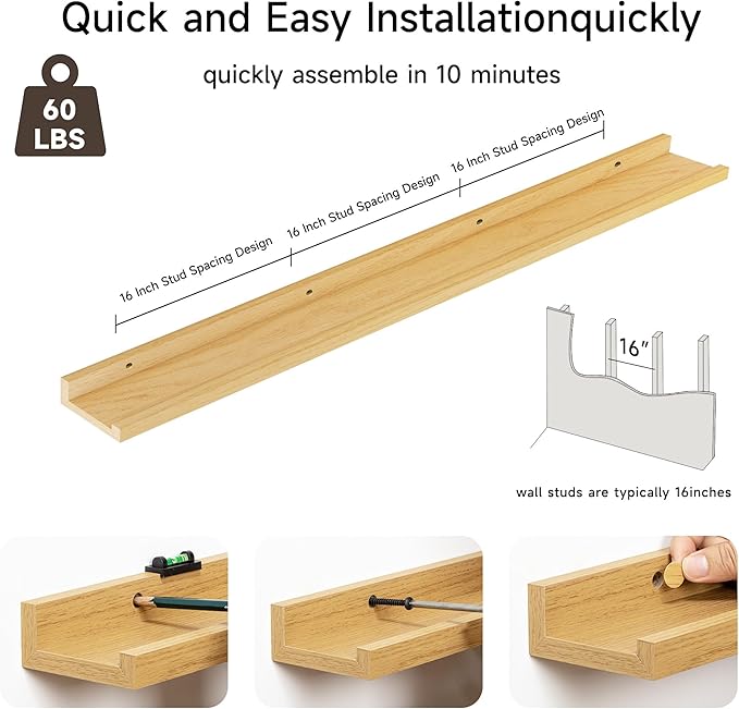 Floating Picture Ledge Shelves for Wall Set of 2, 55 Inches Picture Shelf with Ledge, Nursery Book Shelf for Toys Storage Kids Bookshelf Wall Mounted Living Room Bedroom Decor Frames, Oak-NeatNest