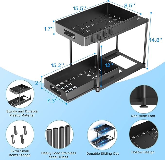 Under Sink Organizers and Storage, 2 Pack Large Capacity Heavy Load Double Pull-out Under Sink Shelves with Sliding Drawer for Kitchen and Bathroom, Black-NeatNest