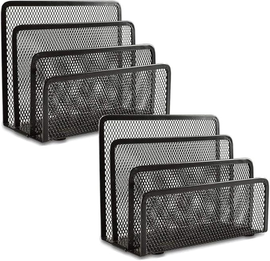 EASEPRES Desk Mail Organizer, Office Small Desktop Metal Mesh Envelope Letter Sorter Paper File Holder Organizer with 3 Vertical Upright Compartments, Black 2 Pack