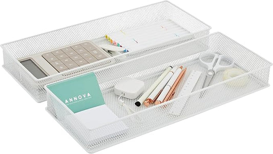 Annova Mesh Stackable Drawer Cabinet and Shelf Organizer Bins Storage Basket School Office Supply Holder Tray- Set of 2 (White, 6x15x2 Inch)-NeatNest