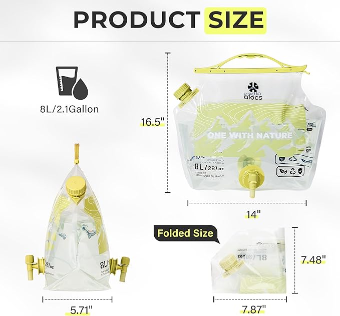 Alocs 2025 Upgrade Emergency Water Storage Bag, BPA-Free Collapsible Water Bottles Bag, 2.1 Gallon Water Jug with Dual-Tap, 2 Pack Camping Water Container for Hiking, Travel, Survival & Outdoor