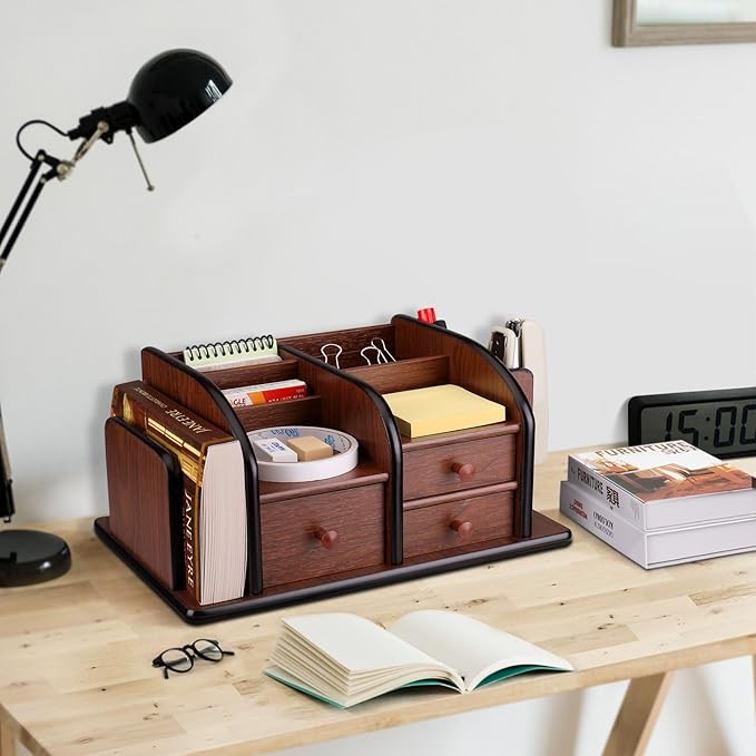 Flexzion Wooden Desk Organizer w/Drawers - Classic Wood Office Supplies Accessories Desktop Tabletop Sorter Shelf Rack Cherry Brown Pencil Holder Caddy Set with 3 Drawers, 3 Compartments & 2 Shelves-NeatNest