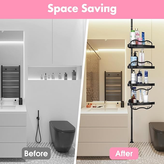 Corner Shower Caddy, Rustproof ABS Shower Shelves with 32-125 Inch Steel Poles, Drill Free Shower Organizer, 4 Layer Adjustable Shelves with Tension Pole for Storage, Black