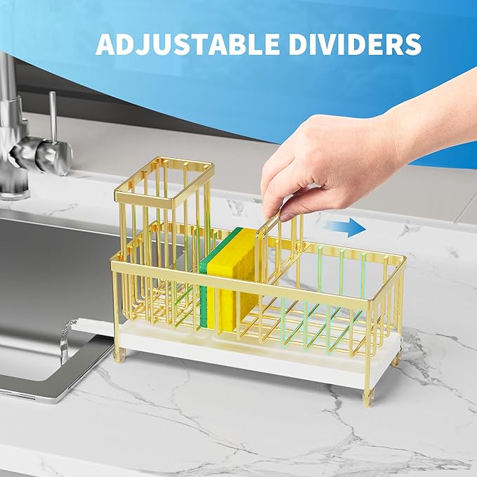 Cisily Gold Sponge Holder for Kitchen Sink, Sink Caddy Organizer with High Brush Holder, Kitchen Countertop Organizers and Storage Essentials, Rustproof 304 Stainless Steel, Soap Dispenser Organize-NeatNest
