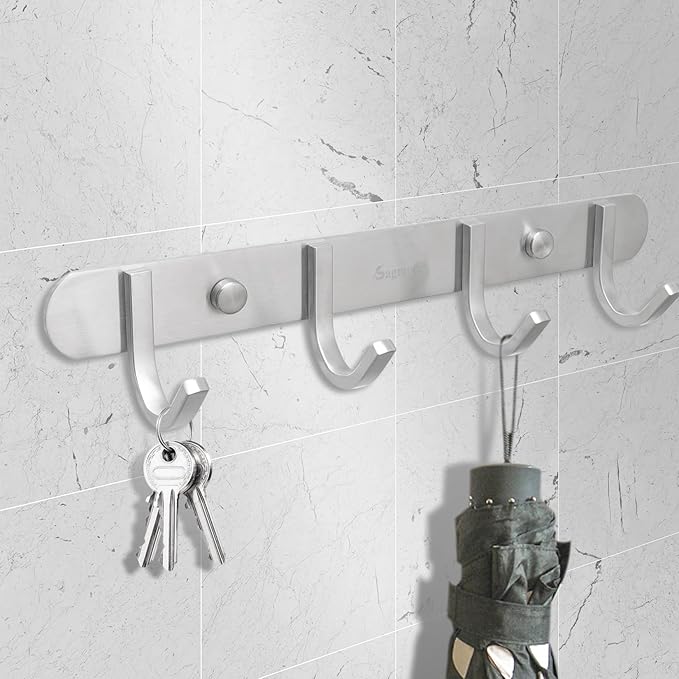 Coat Hook Rack Brushed Nickel 10.6-Inch Coat&Towel Hook Rail Wall Mounted with 4 Hooks, Durable Wall Hangers for Bedroom, Bathroom, Foyer, Hallway (SUS304 Stainless Steel)-NeatNest