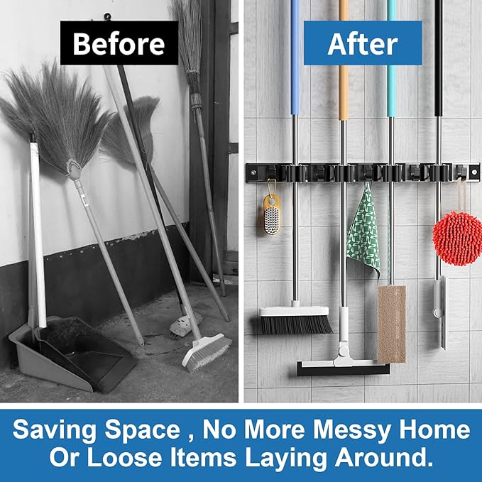 Mop and Broom Holder Wall Mount Metal Heavy Duty Utility Hooks Broom Organizer Garage Storage Systems Tool Racks for Home Laundry Garden Kitchen Organization (Silver, 2 Pack 3R4H)-NeatNest