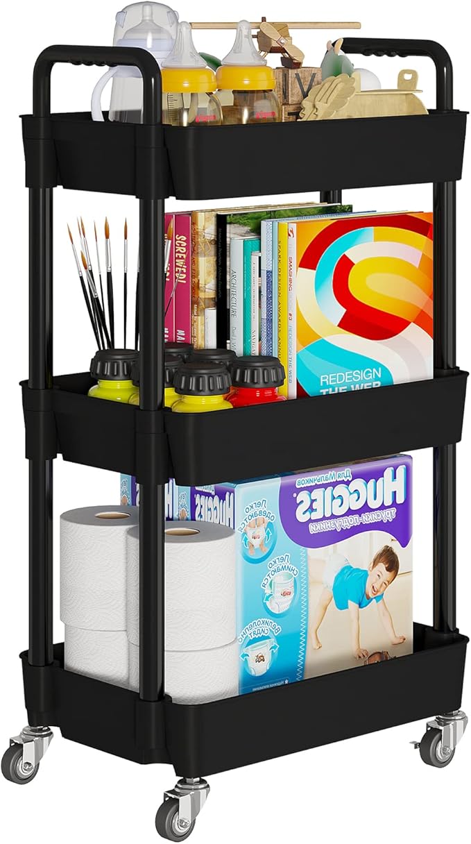 Laiensia 3-Tier Kitchen Storage Cart,Multifunction Utility Rolling Storage Organizer,Mobile Shelving Unit Cart with Lockable Wheels for Bathroom,Laundry,Living Room,With Classified Stickers,Black-NeatNest