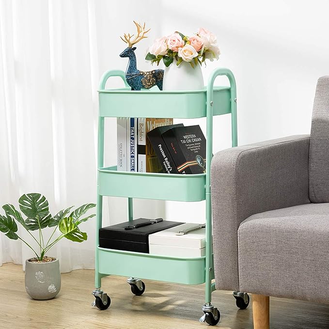 AGTEK Makeup Cart, Movable Rolling Organizer Cart, Macaron Blue 3 Tier Metal Utility Cart-NeatNest