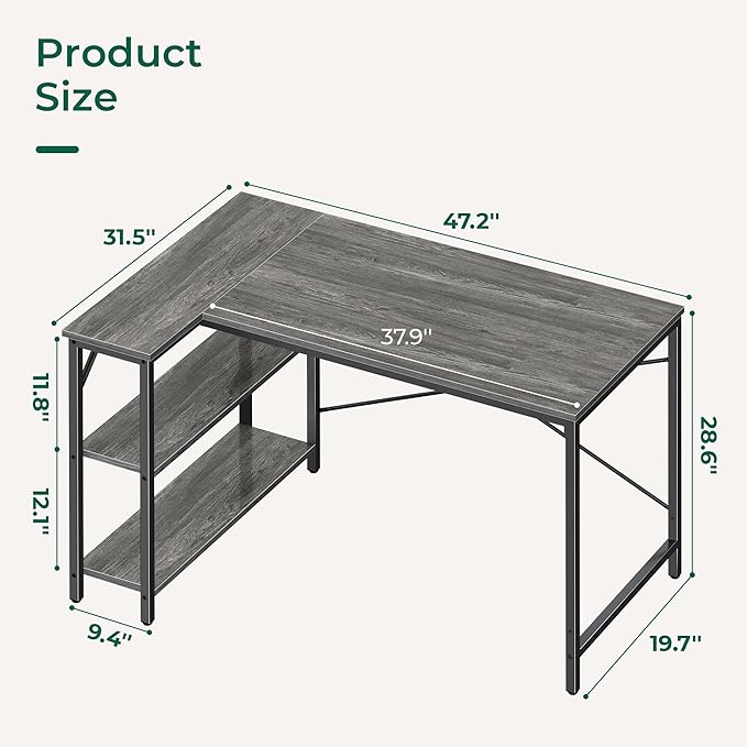 Huuger L Shaped Desk, 47 Inches Computer Desk with Reversible Storage Shelves, for Gaming Corner Home Office Writing Study, Metal Frame, Gray-NeatNest