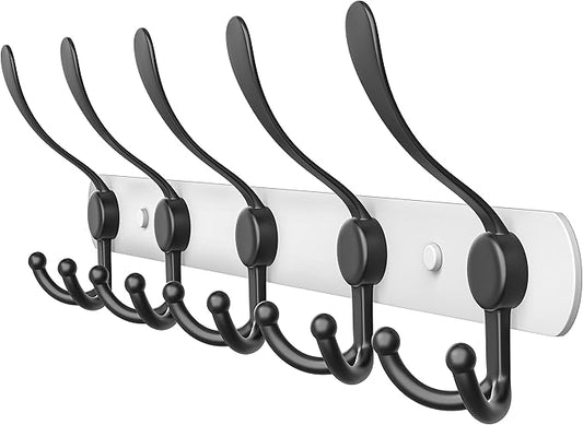 Coat Rack Wall Mount with 5 Tri Hooks, Stainless Steel 16 Inch – White & Black Matte Finish, Heavy Duty Wall Mounted Hook Rack for Coats, Hats, Towels, Scarves, Robes, Bags, Entryway & Bathroom-NeatNest