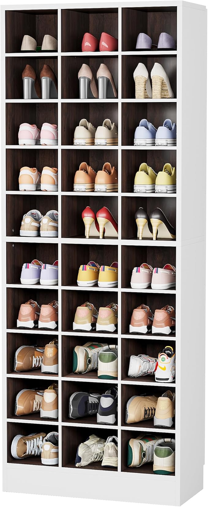 Tribesigns 10-Tier Shoe Storage Cabinet, White and Brown Wooden Shoe Rack with 30 Cubbies, Freestanding Tall Entryway Shoe Organizer for Closet, Entryway, Living Room-NeatNest