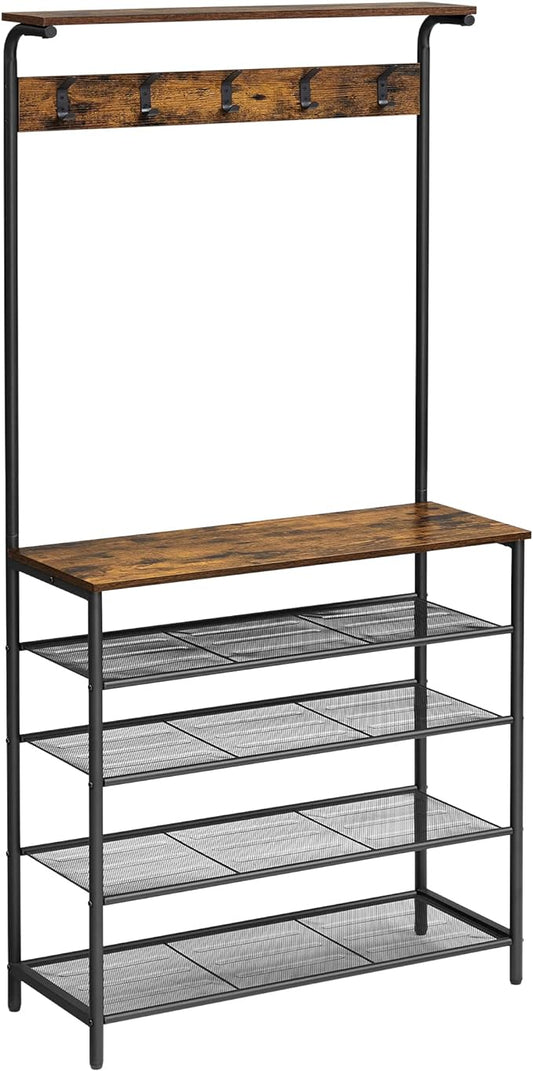 VASAGLE Hall Tree with Shoe Bench, Coat Rack Shoe Bench, 5-Tier Shoe Rack Different Heights, 5 Dual Hooks, Top Shelf, Entryway Organizer, Hallway Bedroom Dorm, Rustic Brown and Black UHSR408B01-NeatNest