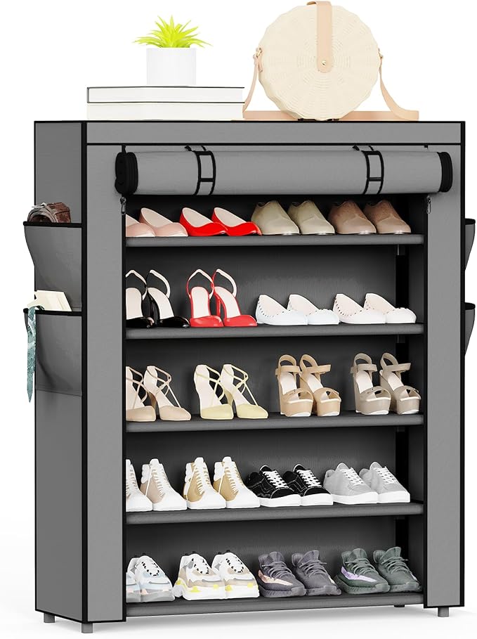 Mavivegue Shoe Rack with Cover, 5 Tier Shoe Organizer for Entryway, Shoe Storage for Front Door Entrance, Closet, Garage, Grey-NeatNest