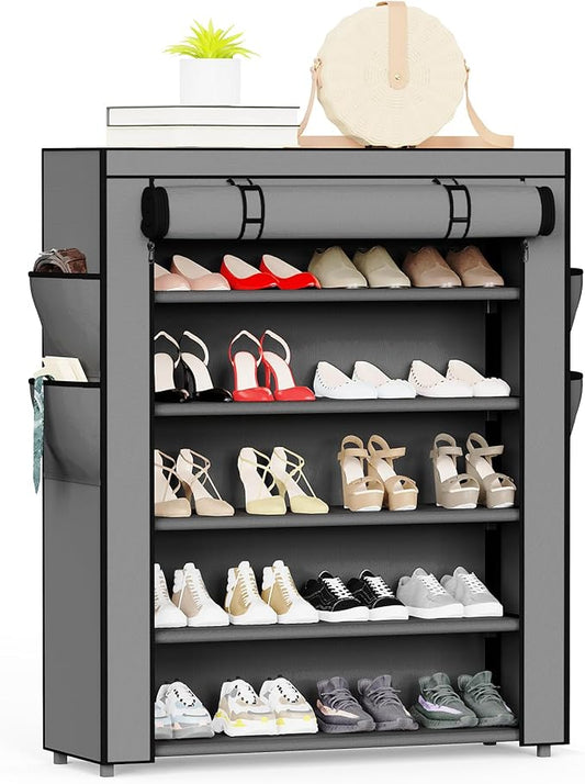 Mavivegue Shoe Rack with Cover, 5 Tier Shoe Organizer for Entryway, Shoe Storage for Front Door Entrance, Closet, Garage, Grey-NeatNest