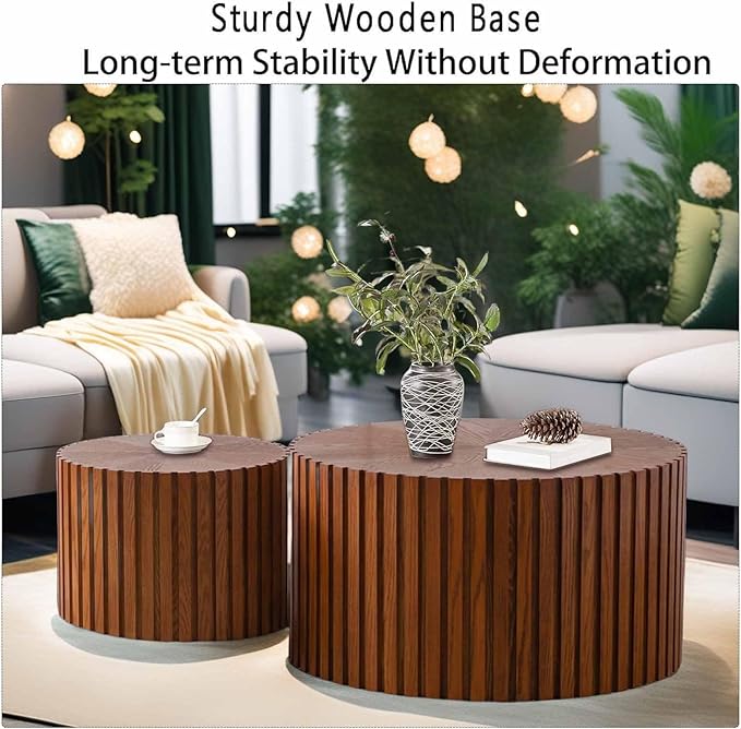 Modern Round Wooden Nesting Coffee Table Set of 2 Circle Tables with Non-Slip Feet, Accent Side End Table, Saving Space Design and No Need Assembly (FSMALL)