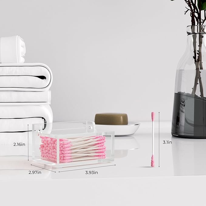 Clear Acrylic Qtip Holder with Lid, Cotton Balls Swab Organizer, 3.9" x 2.8" x 2" Dispenser for Makeup Pad, Floss Picks, Bath Salts, Cosmetic Storage Case, Home Bathroom Decor (DP051)-NeatNest