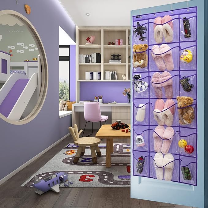Over The Door Hanging Shoe Rack Organizer 18 Pockets Organizer with 6 Extra Large Clear Pockets for Shoe Holder Storage (18 Pockets-Purple)-NeatNest
