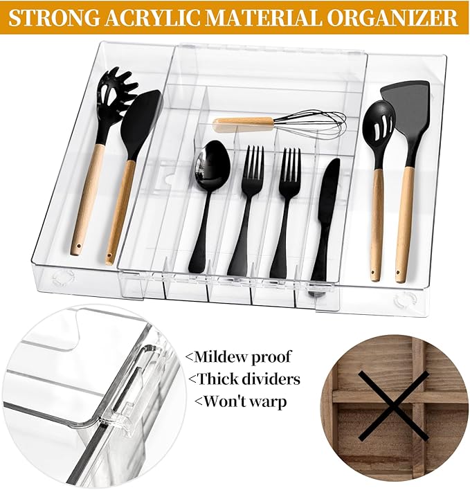 Expandable Silverware Kitchen Drawer Organizer Large Utensil Drawer Organizer Adjustable Cooking Utensil Holder Cutlery Tray for Spoons Forks Knives Bathroom Supplies Storage Plastic Clear-NeatNest