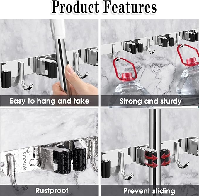 2 Pack Mop and Broom Holder Wall Mount, 5 Racks and 4 Hooks Broom Organizer Storage Tool Racks Stainless Steel Heavy Duty Hooks Self Adhesive Solid Non-slip for Home Kitchen Garden Laundry Garage-NeatNest